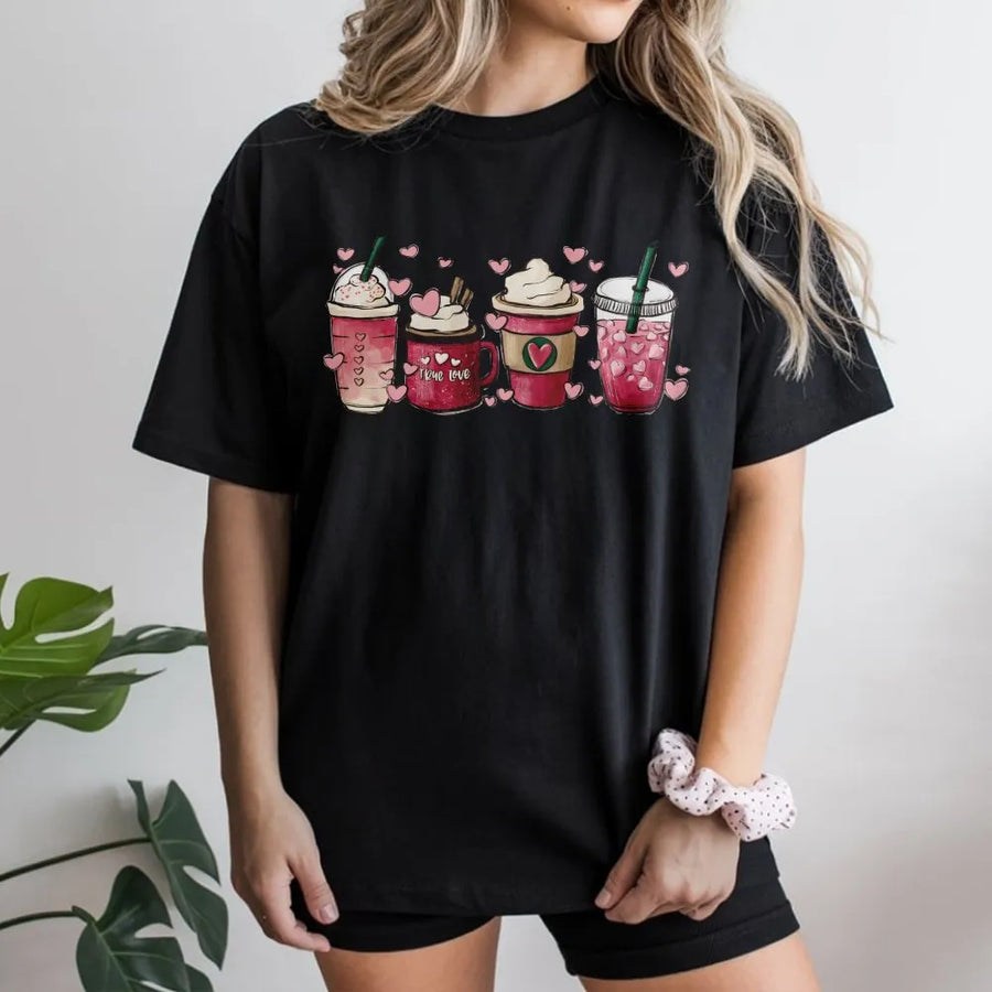 Valentine Coffee T-Shirt | Heart Mug & Latte Graphic Print | Premium Soft Cotton Tee | Cute Valentines Day Gift For Coffee Lovers