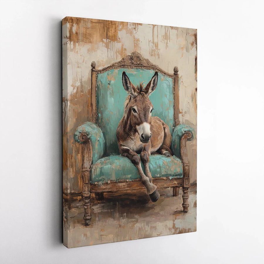 Donkey On Vintage Chair Canvas Wall Art | Quirky Farmhouse Animal Painting | Premium Gallery-Wrapped Print | Unique Home Office Decor Gift