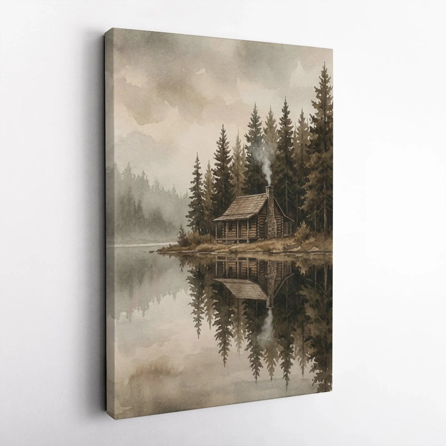 Rustic Log Cabin Vertical Canvas | Watercolor Forest Lake Scene with Reflection | Premium Canvas Print | Rustic Home & Lodge Decor Gift