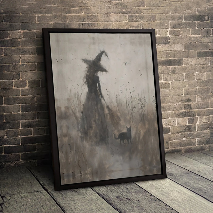Witch With Black Cat Canvas Print | Gothic Witchcraft Field Wall Art | 1.25-Inch Premium Gallery Wrap | Spooky Halloween Home Decor Gift