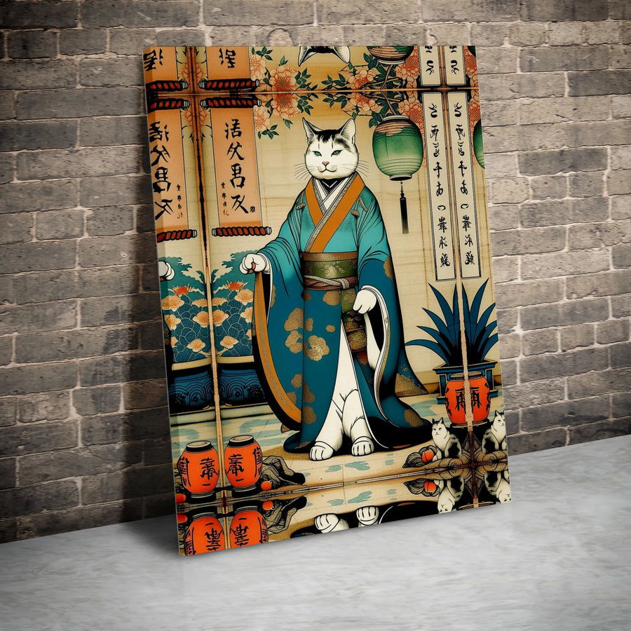 Japanese Cat Wall Art | Ukiyo-E Samurai Kimono Print | Premium Gallery Wrapped Canvas | Whimsical Home Decor Gift for Cat Lovers