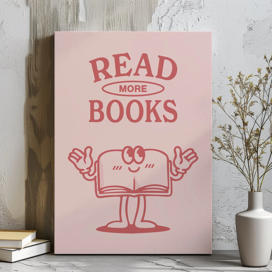 Read More Books Canvas Art | Retro Cartoon Bookworm Illustration | Premium Gallery Wrap Wall Decor | Librarian & Book Lover Gift