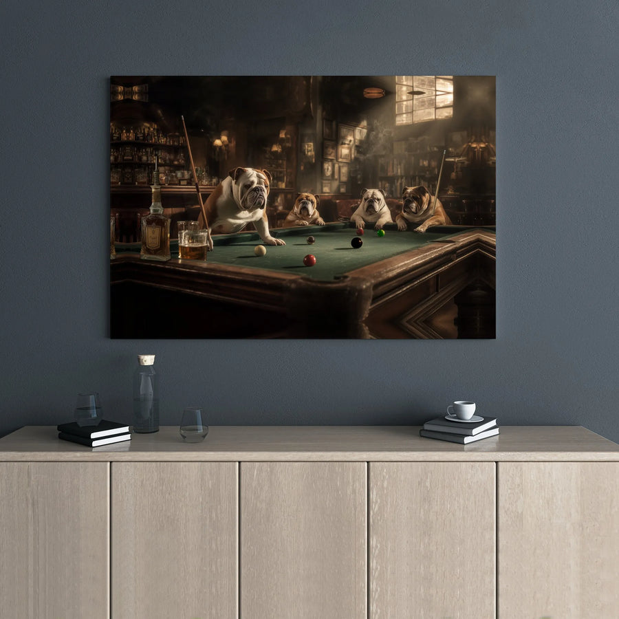 English Bulldog Pool Hall Canvas Art | Vintage Dogs Playing Billiards | Premium Gallery Wrap Print | Unique Man Cave Decor Gift