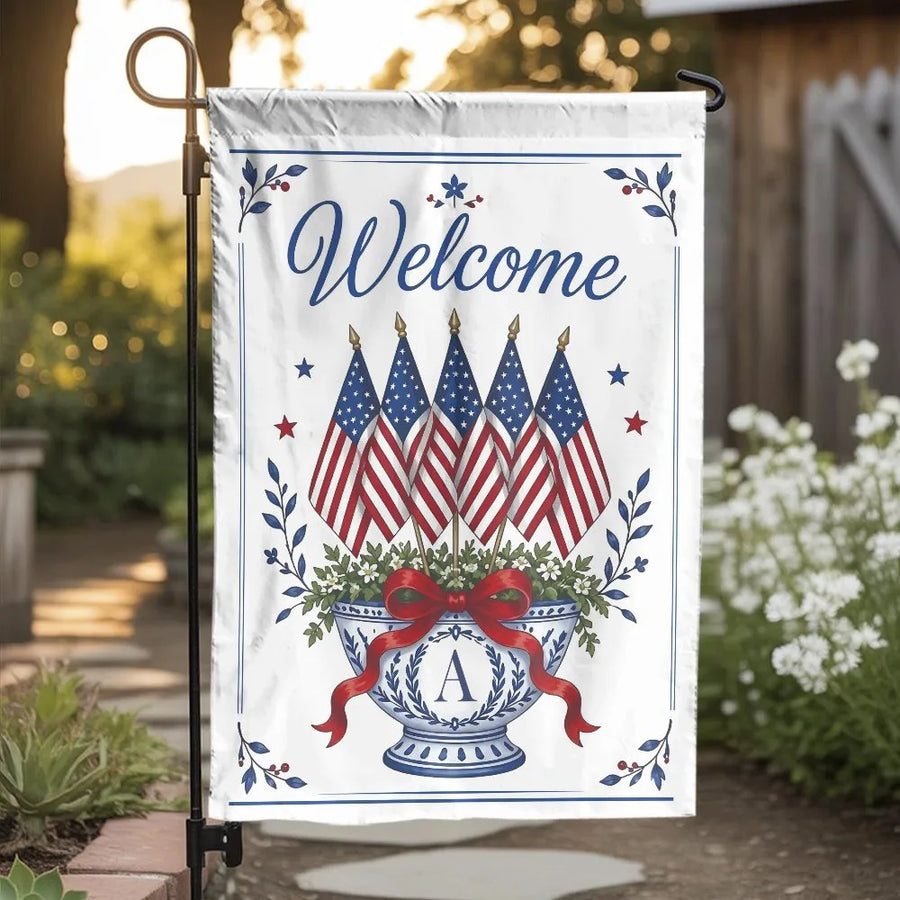 Patriotic Chinoiserie Welcome Garden Flag | American Flags in Blue and White Monogram Vase | Double Sided Premium Polyester | Memorial Day 4th of July Outdoor Yard Gift