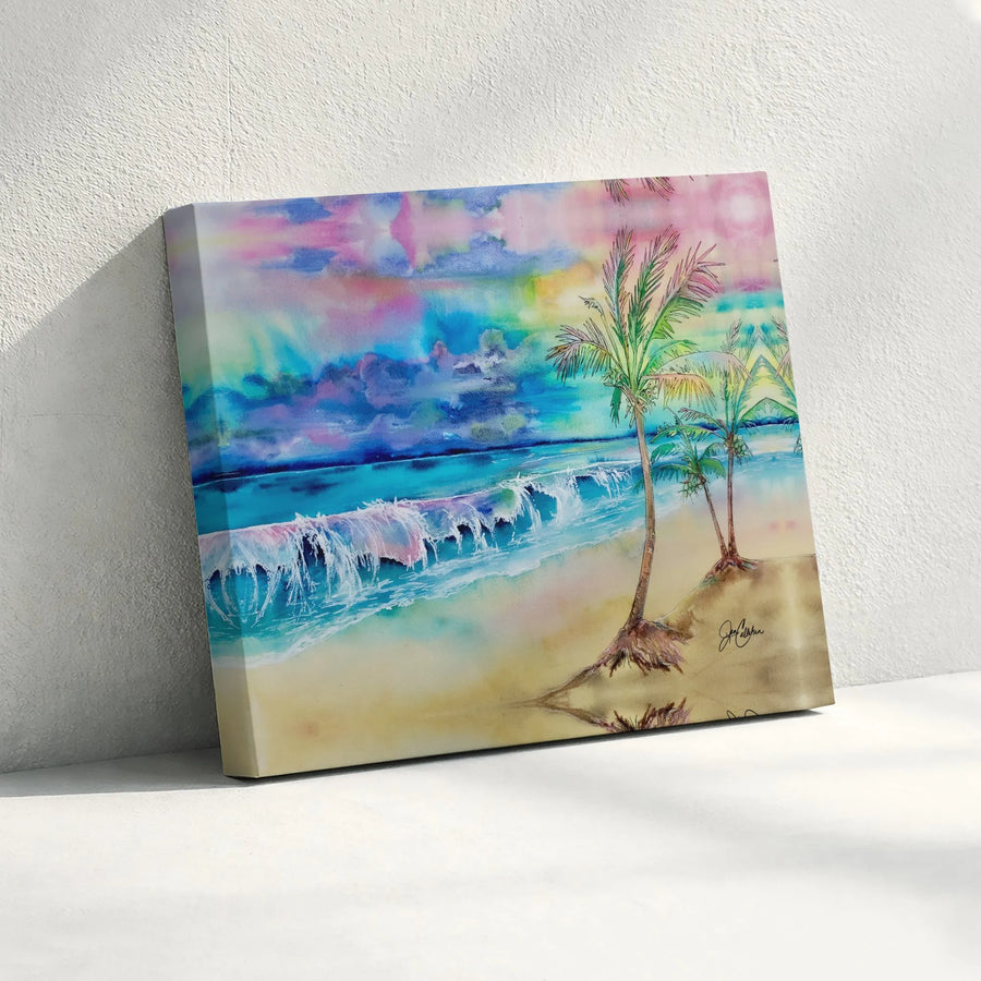Tropical Beach Canvas Wall Art | Vibrant Watercolor Ocean Sunset | Premium Gallery Wrapped Canvas | Coastal Home Decor Gift