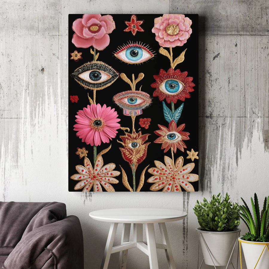 Mystical Evil Eye Canvas Wall Art | Surreal Floral Gold Accents | Gallery Wrapped Premium Print | Boho Witchy Decor for Living Room