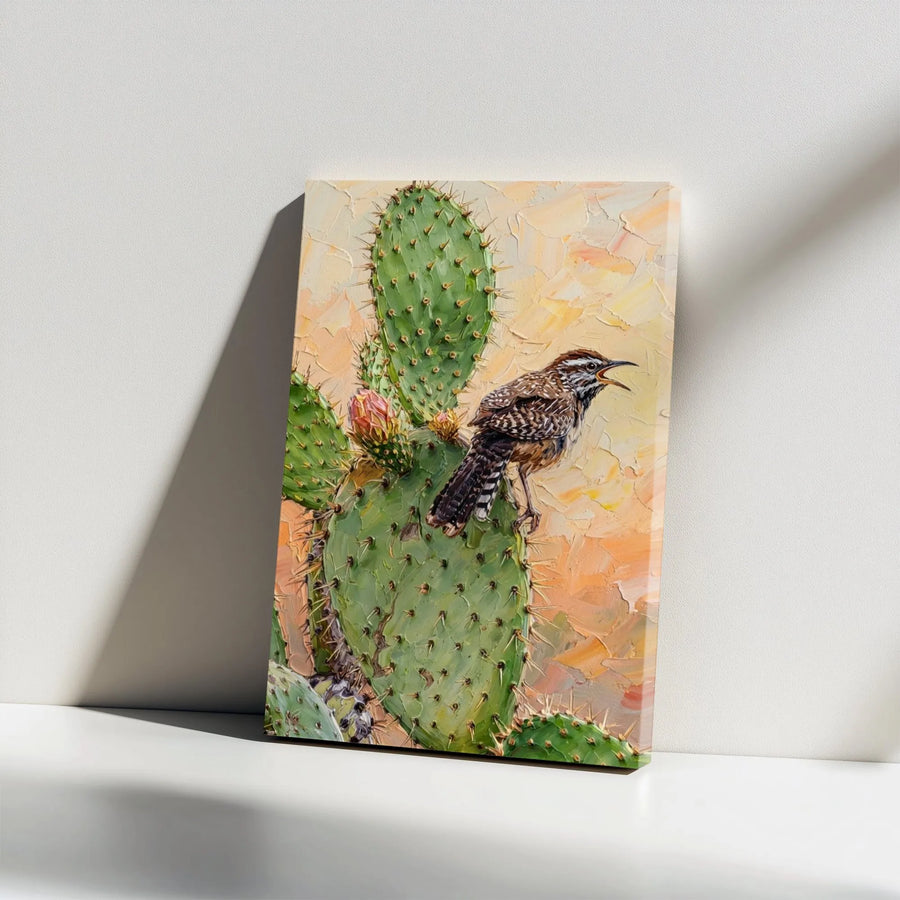 Cactus Wren Painting Canvas | Southwestern Textured Bird Art | Premium Thick Gallery Wrap | Nature Lover Gift for Rustic Home Decor