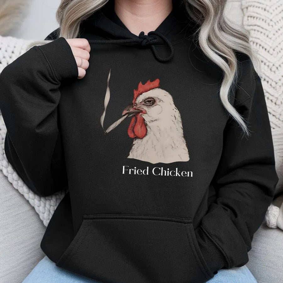 Fried Chicken Hoodie | Funny Smoking Rooster Graphic | Premium Cotton Blend Unisex Sweatshirt | Retro Weed 420 Gift For Him Or Her