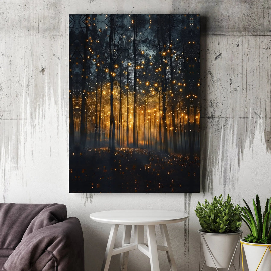 Enchanted Forest Canvas Wall Art | Glowing Golden Firefly Forest Print | 1.25 Inch Gallery Wrap | Magical Nature Decor for Home and Office