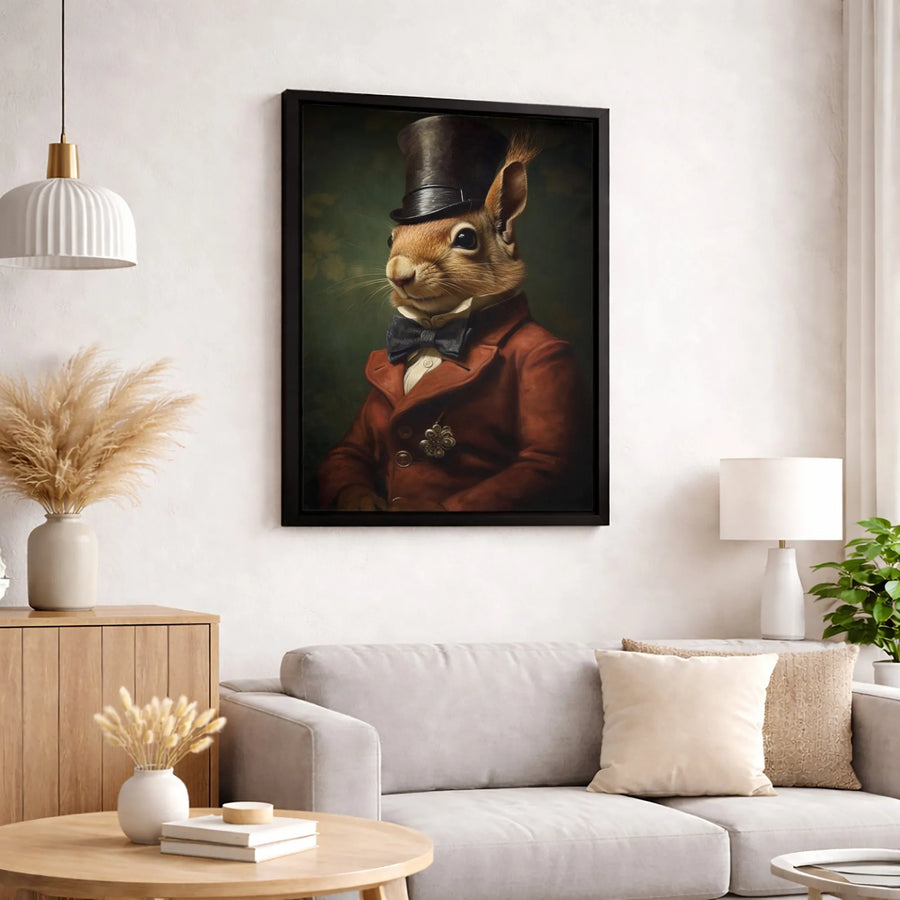 Gentleman Squirrel Wall Art | Victorian Portrait with Top Hat and Bow Tie | Premium 1.25" Gallery Canvas | Quirky Animal Decor for Office or Home