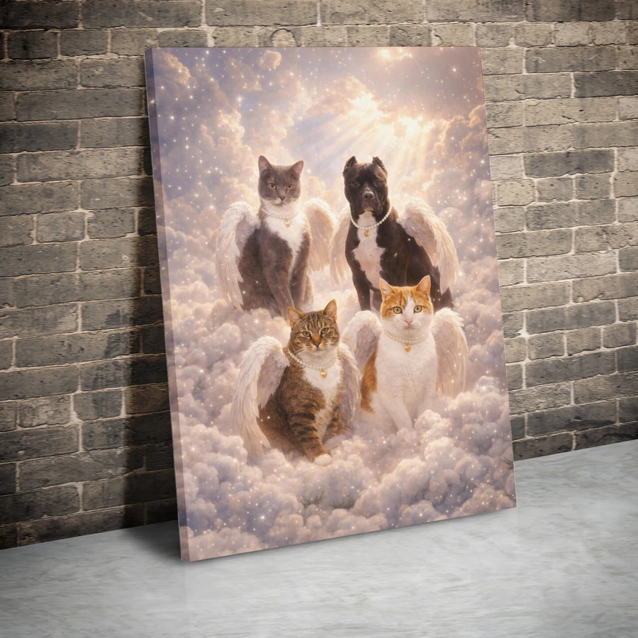 Pet Memorial Canvas | Angel Pets on Clouds Portrait | Premium Gallery Canvas Art | Loss of Pet Sympathy Gift for Dog & Cat Lovers