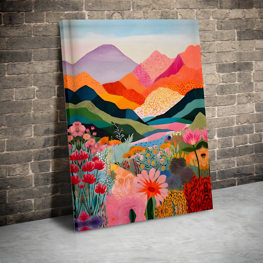Colorful Mountain Landscape Canvas Art | Vibrant Wildflower Floral Wall Decor | Premium Fade-Resistant Gallery Wrap | Modern Boho Home Gift Idea