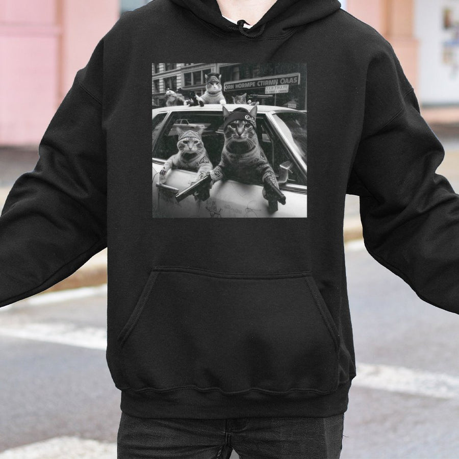 Funny Cat Gangster Hoodie | Vintage Style Meme Graphic Sweatshirt | Premium Cotton Blend | Quirky Gift for Cat Lovers & Streetwear Fans