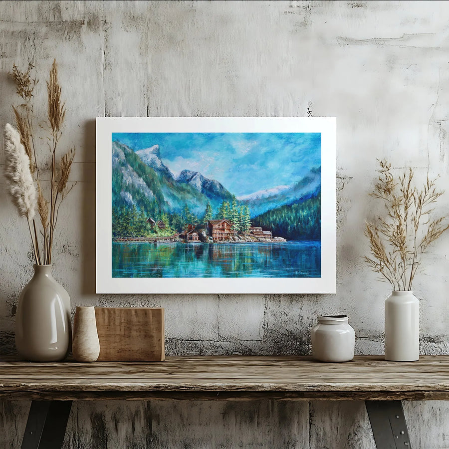 Mountain Lake Lodge Canvas Print | Snowy Peaks Landscape Wall Art | Premium Gallery Wrap Decor | Nature Lover Living Room Gift
