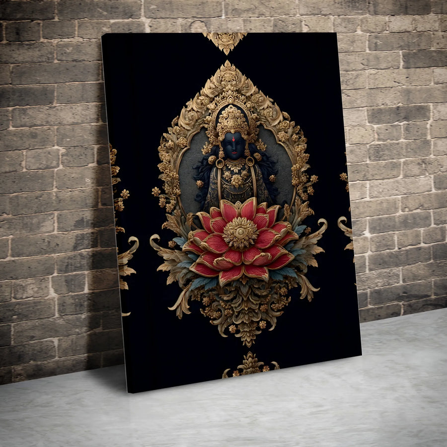 Hindu Goddess Wall Art | Ornate Blue Deity with Red Lotus Flower | Premium Gallery-Wrapped Canvas | Spiritual Home Decor Gift