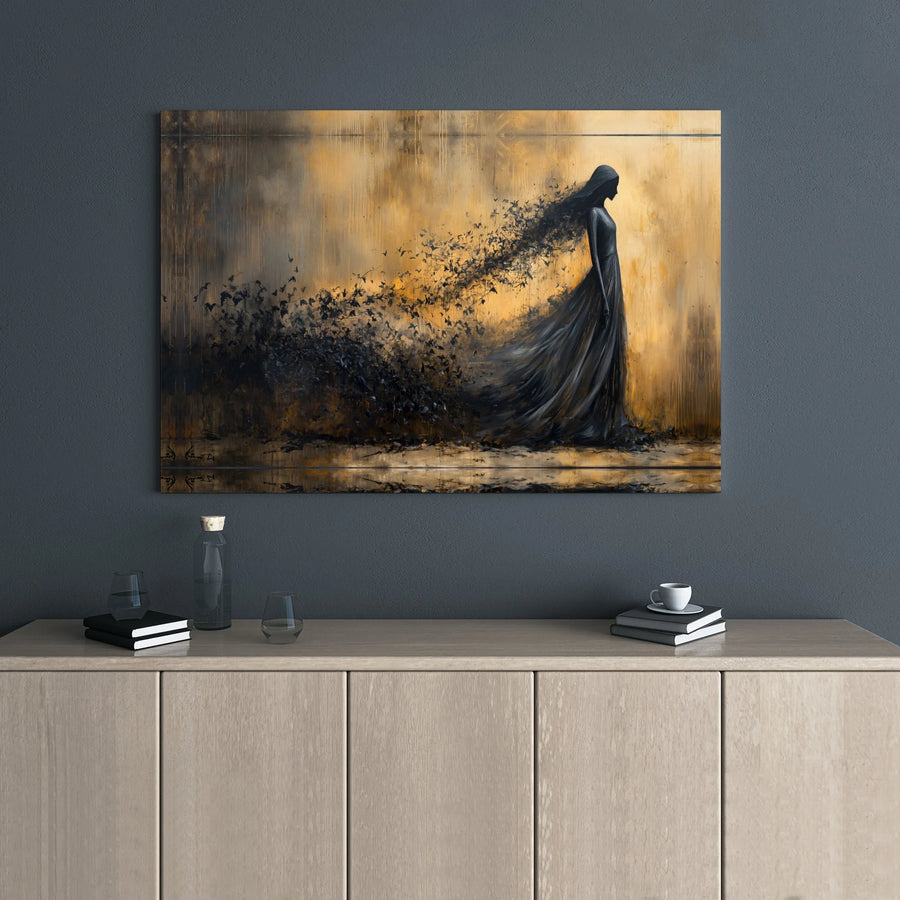 Abstract Woman In Black Dress Canvas Print | Dissolving Into Birds Wall Art | Premium Gallery Wrapped Decor | Surreal Gothic Home Gift