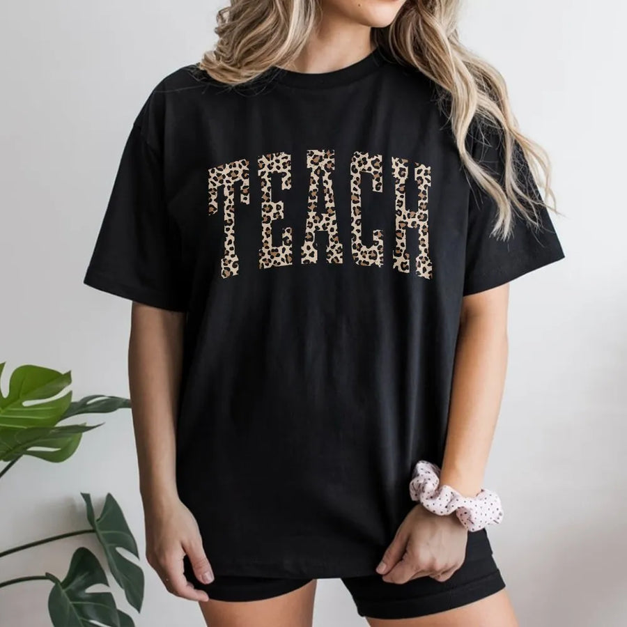 Leopard Teacher T-Shirt | Cheetah Print Varsity 'Teach' Design | Premium Soft Cotton | Appreciation Gift for Educators