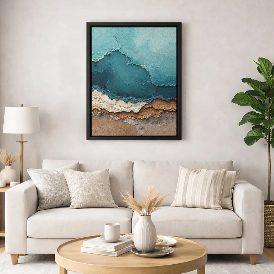 Abstract Coastal Strata Canvas Wall Art | Textured Teal and Earth Tones Print | 1.25-Inch Thick Gallery Profile | Modern Living Room Decor