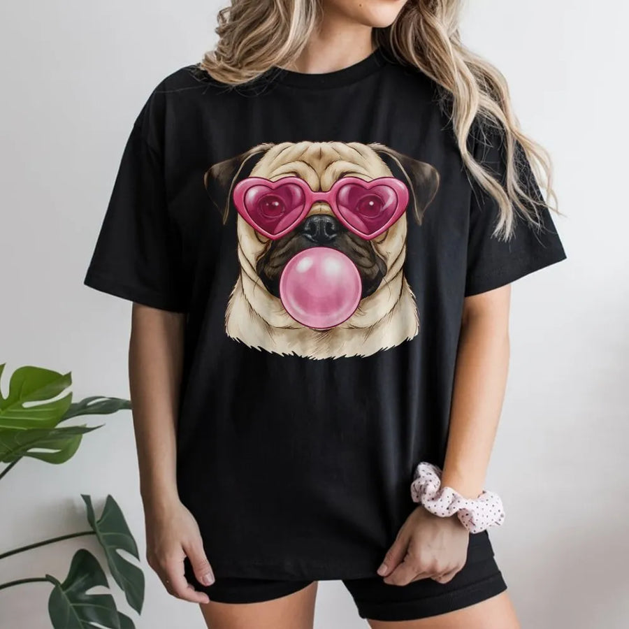 Pug T-Shirt | Heart Sunglasses Bubblegum Dog Graphic | Premium 100% Cotton | Cute Valentine's Day Gift For Dog Lovers Unisex
