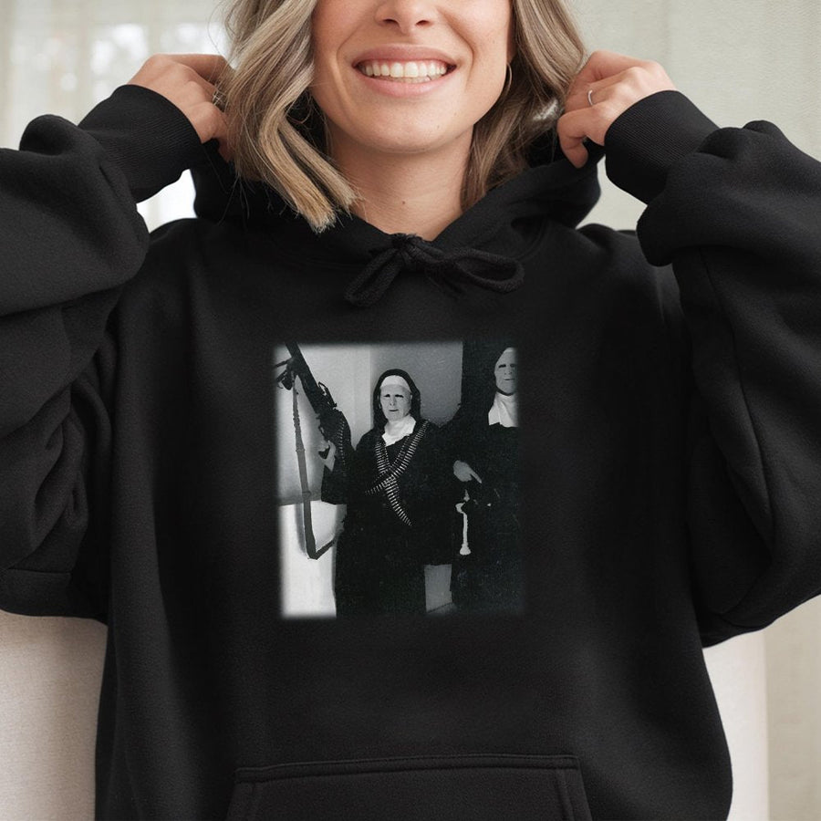 Nun With Gun Hoodie | Vintage Aesthetic Retro Graphic Print | Cotton Blend Streetwear | Edgy Alternative Gift For Men And Women