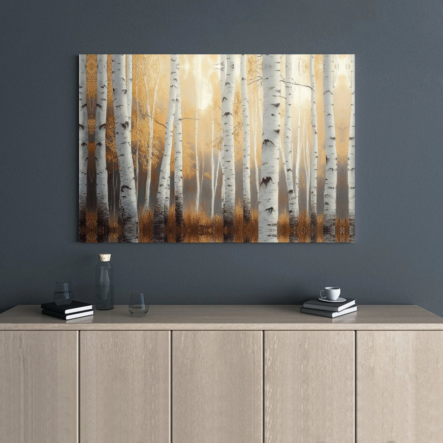 Golden Birch Tree Forest Canvas | Autumn Woodland Landscape Art | 1.25" Gallery Wrap Premium Print | Modern Nature Wall Decor for Living Room