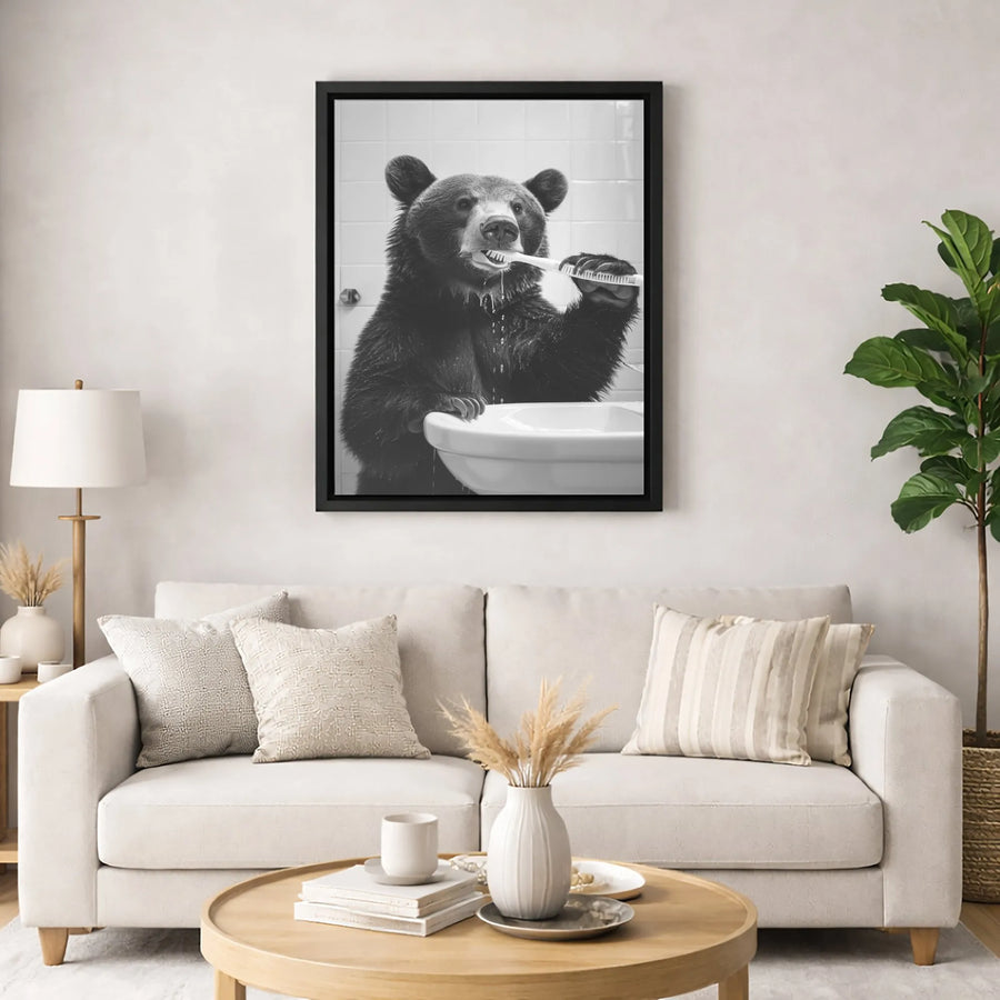 Bear Brushing Teeth Canvas Art | Funny Bathroom Wall Decor | 1.25 Inch Gallery Wrap | Whimsical Animal Portrait for Kids or Guest Bathroom