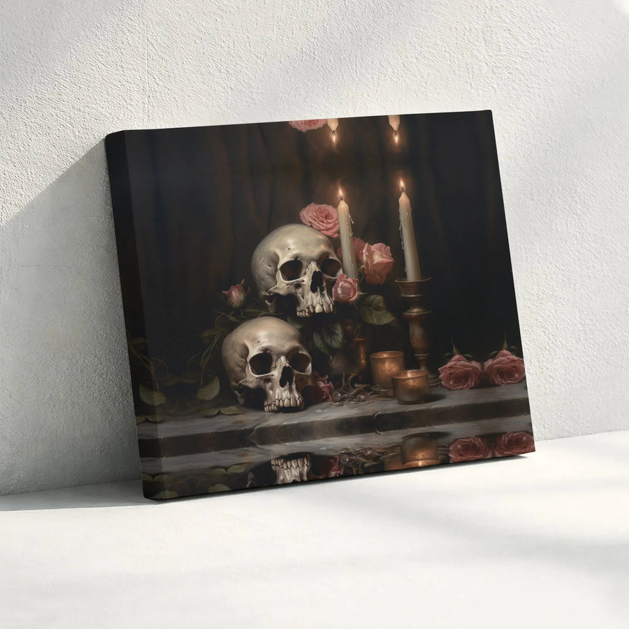 Gothic Vanitas Skull Canvas Wall Art | Still Life Roses and Candles | Premium Gallery Wrapped Decor | Moody Dark Academia Home Gift