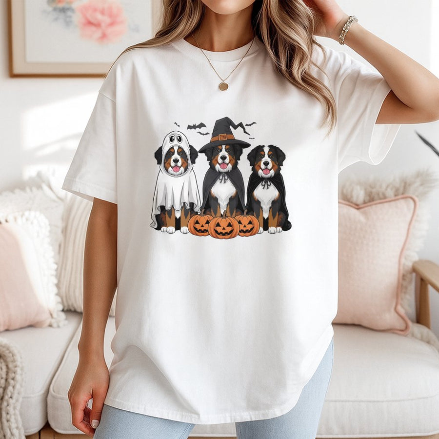 Bernese Mountain Dog Halloween T-Shirt | Spooky Ghost Witch Pumpkin Graphic | Premium 100% Cotton Tee | Gift for Dog Mom and Dad