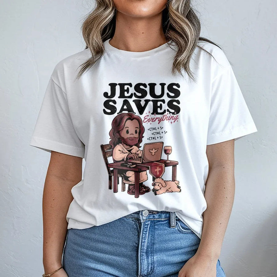 Jesus Saves Everything T-Shirt | Funny Programmer Christian Graphic Tee | Premium Soft Cotton Gift | Religious Coder Apparel for Men and Women