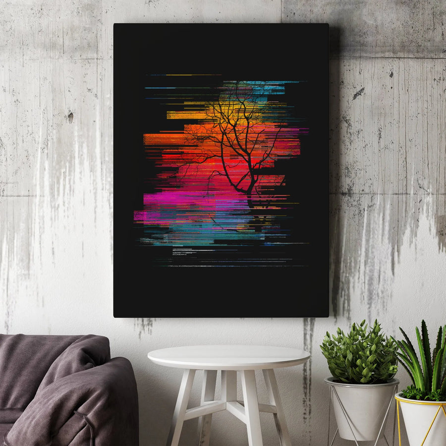 Abstract Sunset Tree Vertical Canvas | Vibrant Glitch Art with Lone Tree Silhouette | Thick 1.25" Gallery Wrapped Canvas | Premium Wall Art for Modern Home Decor