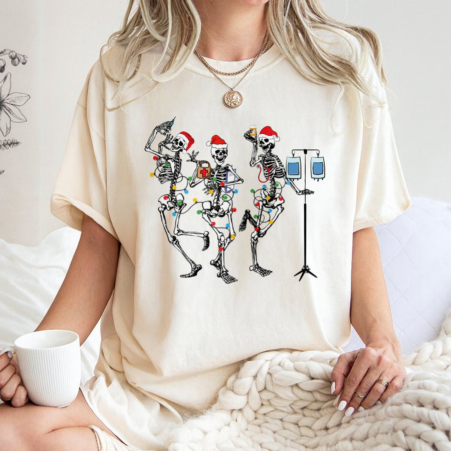 Christmas Nurse T-Shirt | Dancing Skeleton Medical Holiday Design | 100% Cotton Premium Tee | Funny Nurse Gift for Hospital Staff