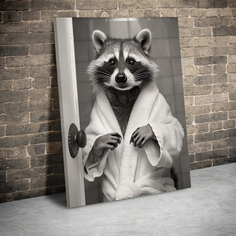Raccoon in Bathrobe Wall Art | Whimsical Bathroom Animal Portrait | Premium Gallery-Wrapped Canvas | Funny Home Decor Gift for Animal Lovers