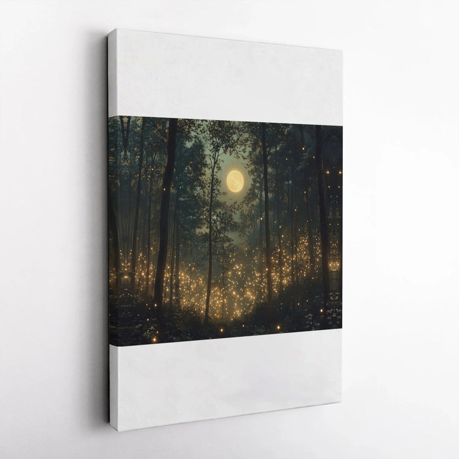 Enchanted Forest Canvas Wall Art | Glowing Fireflies and Full Moon | Gallery Wrapped Premium Print | Magical Nature Decor for Home and Office