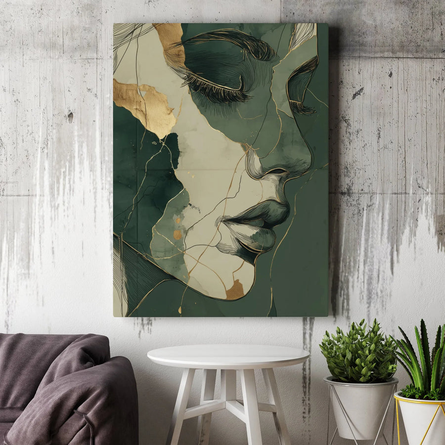 Abstract Woman Face Wall Art | Sage Green and Gold Line Drawing | Premium Gallery Wrapped Canvas | Elegant Minimalist Home Decor Gift