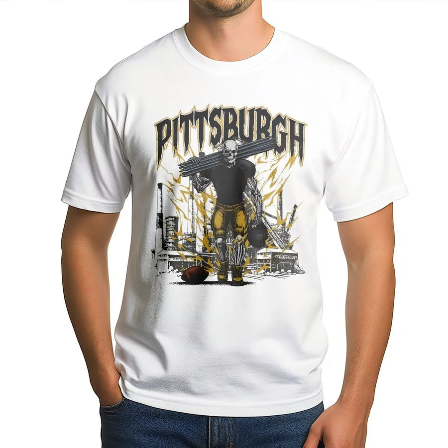 Pittsburgh Football T-Shirt | Retro Skeleton Steel City Graphic | Premium Cotton Unisex Tee | Gift for Steel City Sports Fans