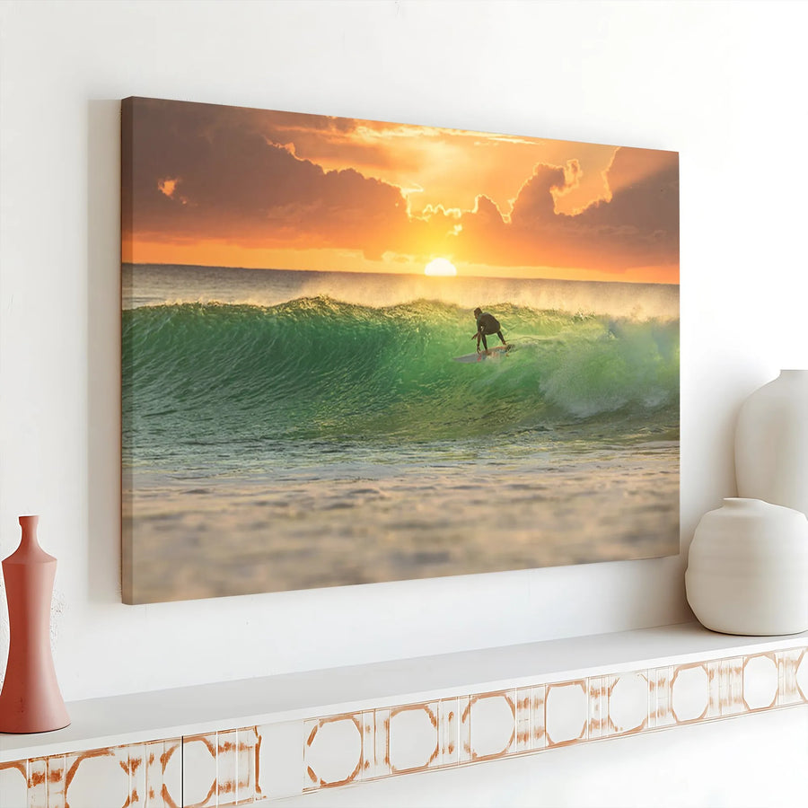 Surfing Canvas Wall Art | Ocean Sunset Photography | Premium Gallery Wrapped Canvas | Coastal Home Decor Gift for Surfer