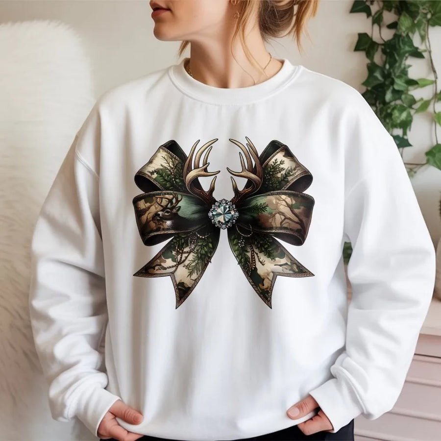 Camo Coquette Bow Sweatshirt | Deer Antler Hunting Aesthetic | Premium Cotton Blend | Country Girl Fall Gift for Her
