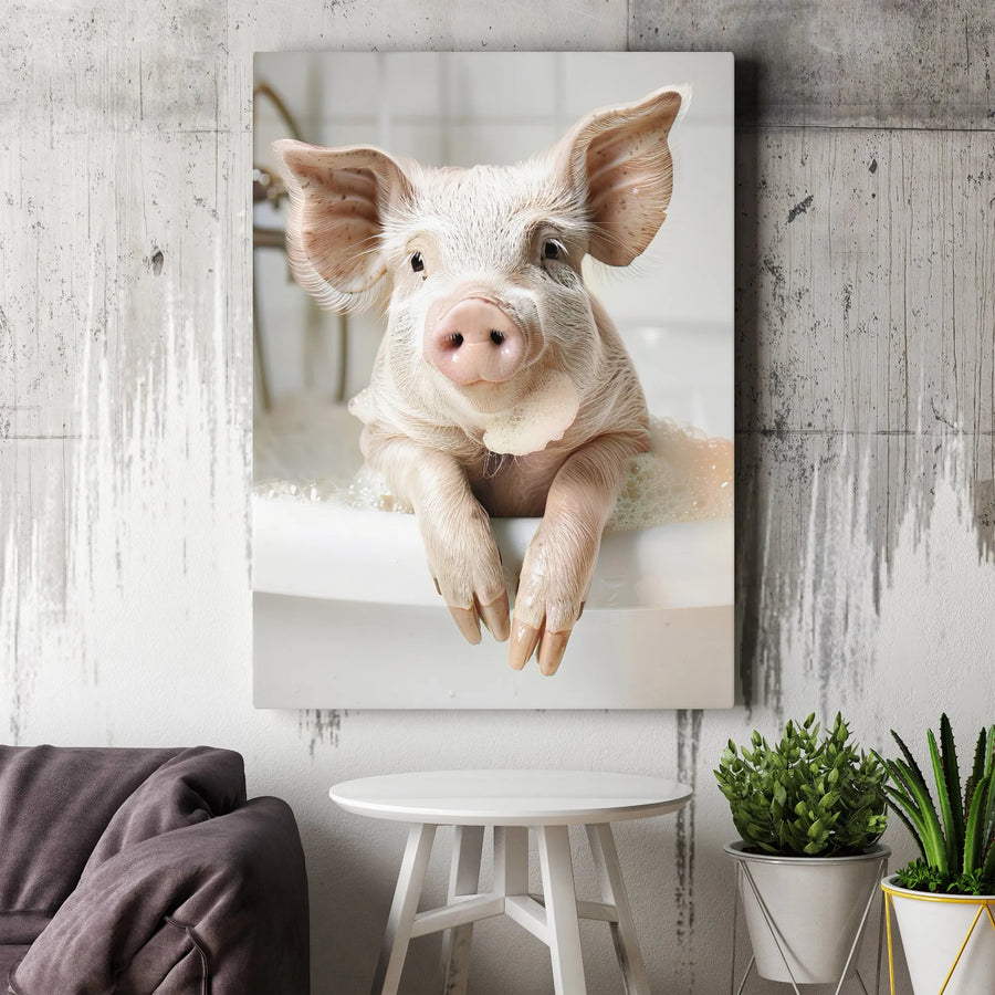 Cute Pig In Bathtub Wall Art | Funny Farmhouse Bathroom Decor | Premium Gallery Wrapped Canvas | Whimsical Animal Lover Gift