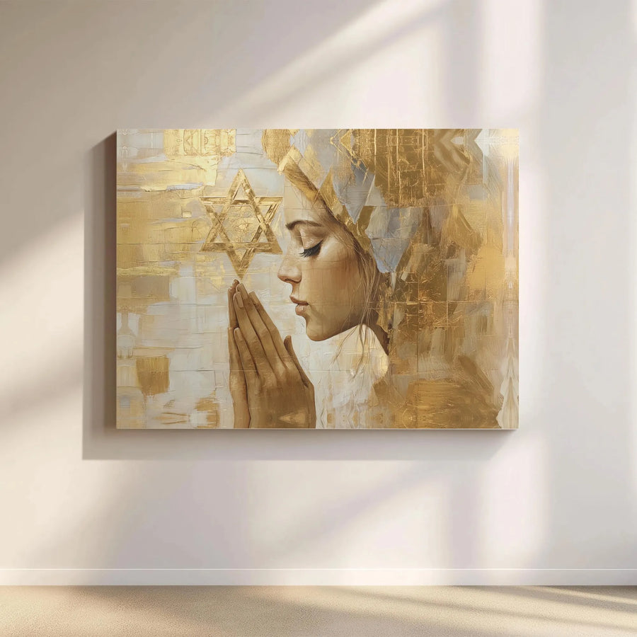 Jewish Praying Woman Wall Art | Gold Star of David Abstract Canvas | 1.25-Inch Gallery Wrap Print | Spiritual Home Decor Gift