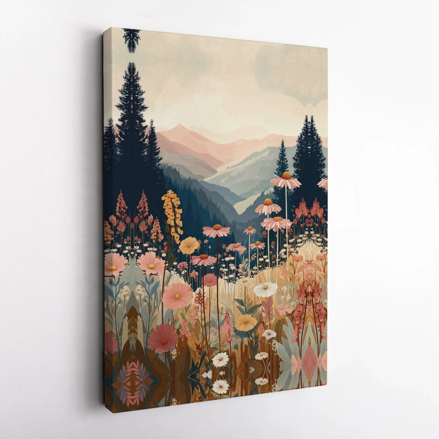 Wildflower Meadow Canvas Print | Mountain Landscape Wall Art | Premium Gallery Wrap Stretched Canvas | Nature-Inspired Home Decor Gift