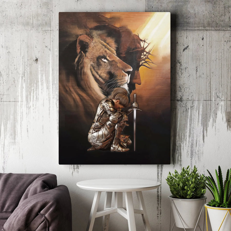 Religious Canvas Wall Art | Kneeling Knight with Lion and Jesus Portrait | 1.25 Inch Gallery Wrap | Christian Home Decor Gift