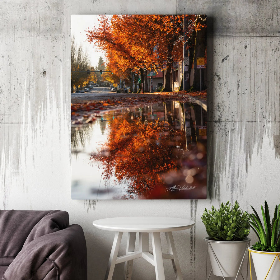 Autumn Street Reflection Canvas Print | Vibrant Fall Foliage Photography | Premium Gallery Wrapped Canvas | Modern Living Room & Office Decor Gift