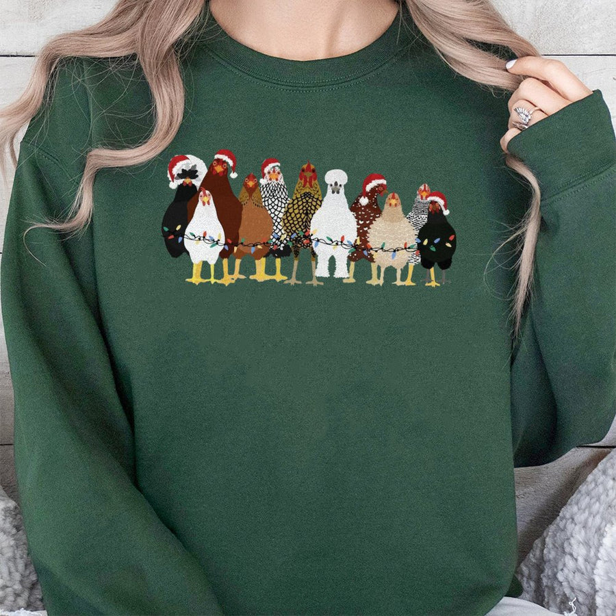 Christmas Chicken Sweatshirt | Festive Farm Animal Holiday Lights Graphic | Soft Cotton Blend | Funny Gift For Chicken Lovers And Farmers