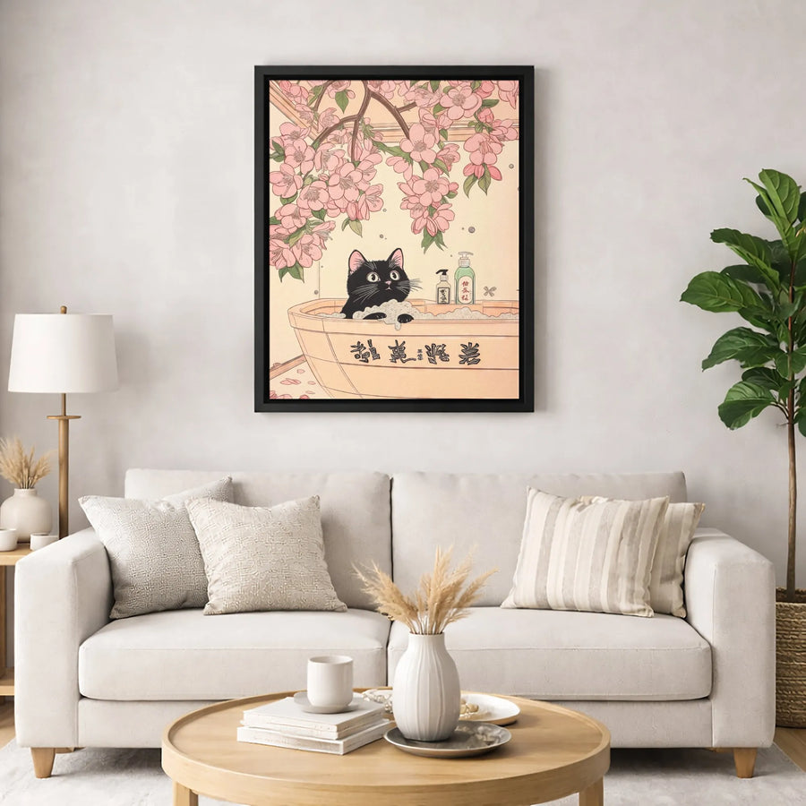 Black Cat Wall Art | Japanese Ukiyo-e Style with Cherry Blossoms | Gallery-Quality 1.25” Canvas | Whimsical Home Decor Gift for Cat Lovers