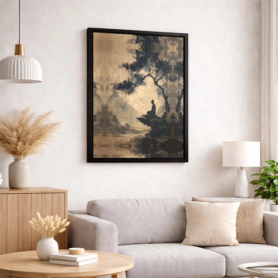 Meditating Buddha Canvas Wall Art | Zen Mountain Landscape Print | Premium Gallery Wrapped Decor | Spiritual Mindfulness Gift for Home Office