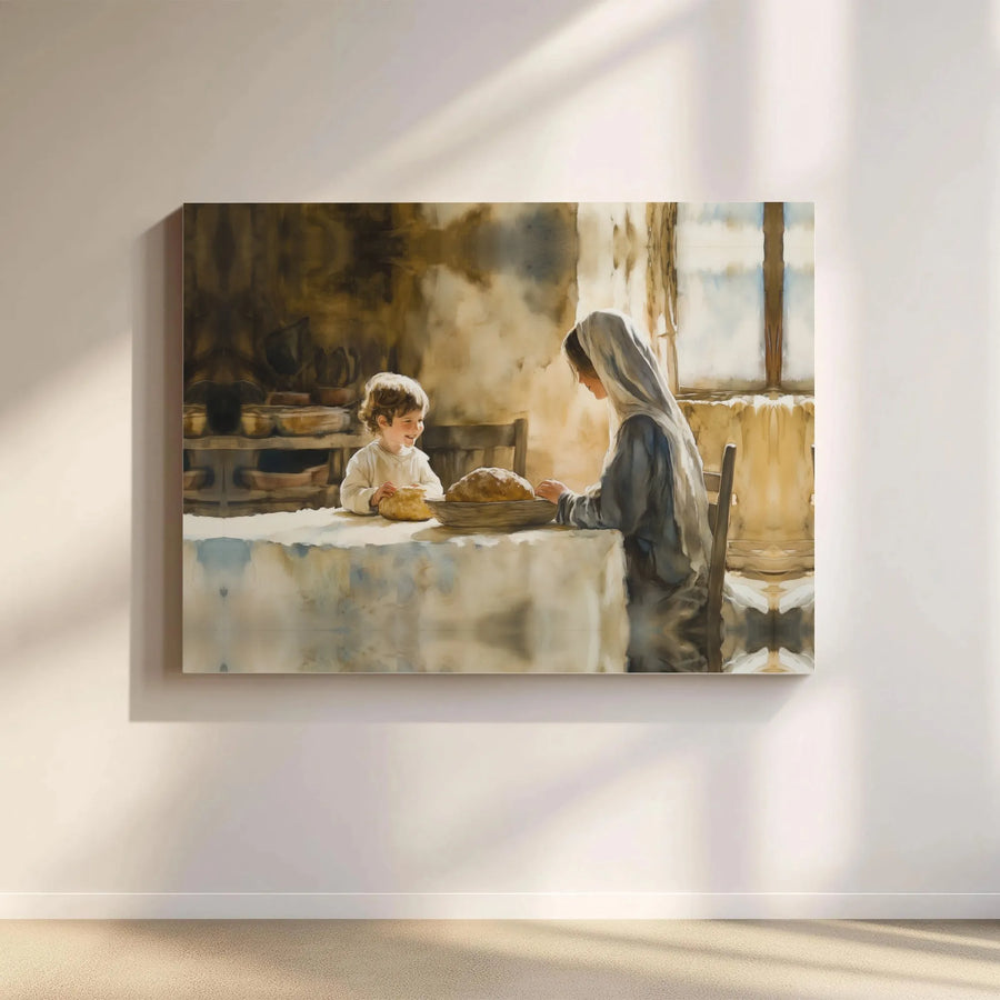 Mary and Child Jesus Canvas Art | Watercolor Religious Kitchen Scene | Gallery Wrapped Premium Print | Spiritual Home Decor Gift