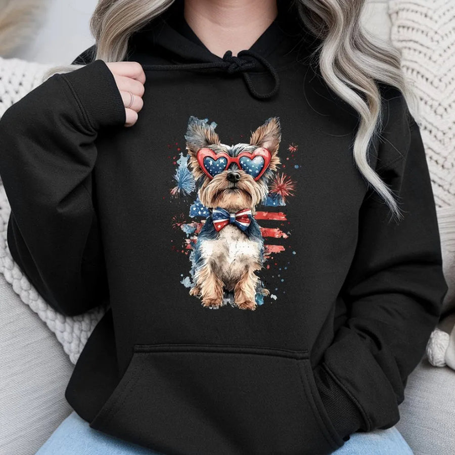 Patriotic Dog Hoodie | Watercolor Pup with USA Flag Sunglasses | Premium Cotton-Blend Sweatshirt | 4th of July Gift for Dog Lover