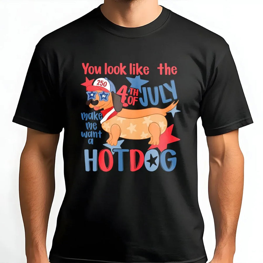 Funny 4th of July T-Shirt | Patriotic Dachshund Hot Dog Pun Graphic | Soft Cotton-Poly Blend | Unisex Independence Day Gift for Dog Lovers