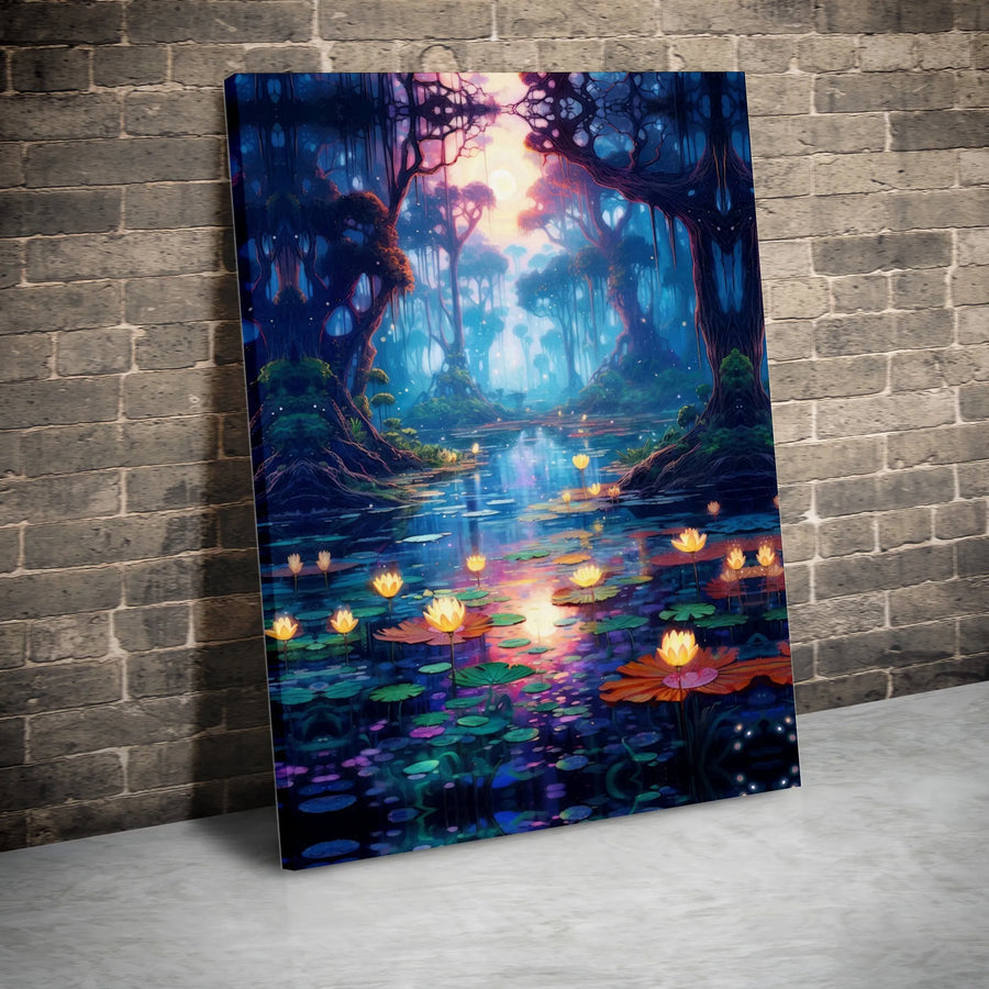 Enchanted Forest River Canvas Art | Luminous Water Lily Pond Print | Gallery Quality 1.25 Inch Profile | Whimsical Nature Decor for Home and Office