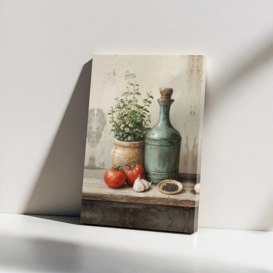 Rustic Kitchen Wall Art | Italian Still Life with Tomatoes & Herbs | Premium Canvas Print | Farmhouse Kitchen Decor Gift